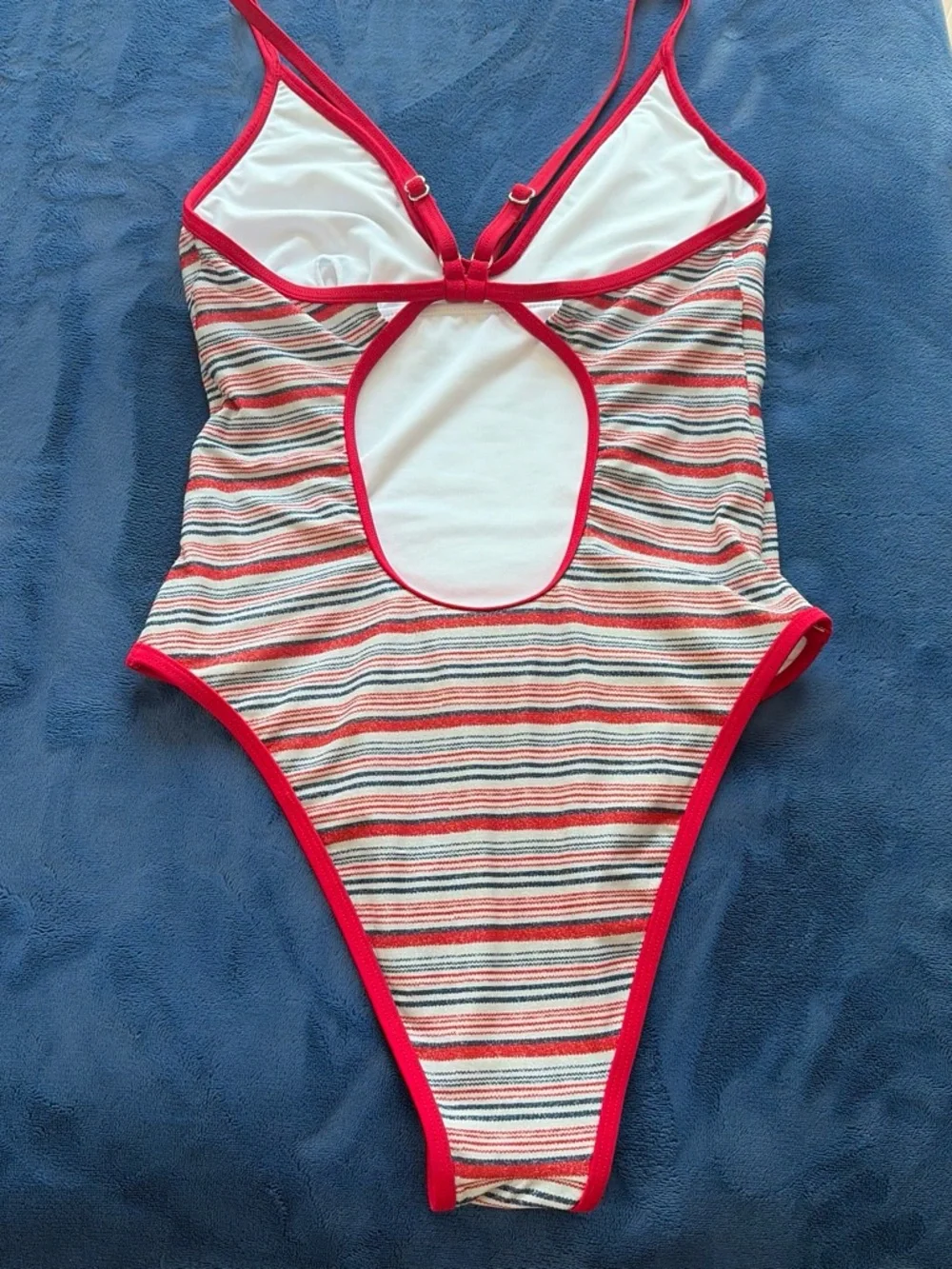 Cupshe Red, White & Blue Striped V-Neck One-Piece Swimsuit